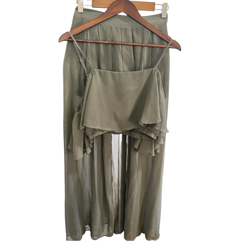 Luxxel Olive Green Two Piece Crop Top Sheer Maxi Short Resort Wear Set